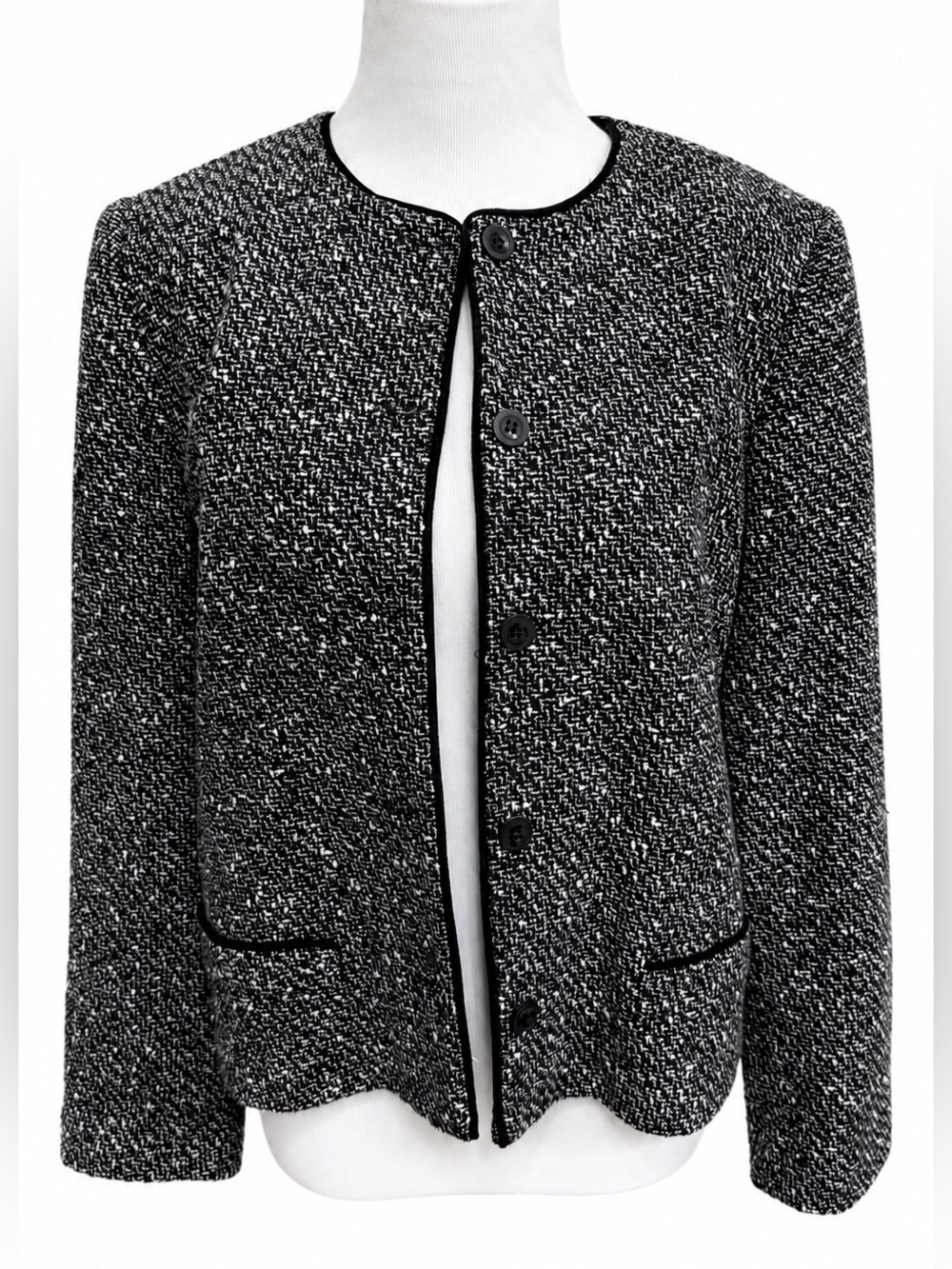 Talbots Black and White Tweed Collarless Blazer